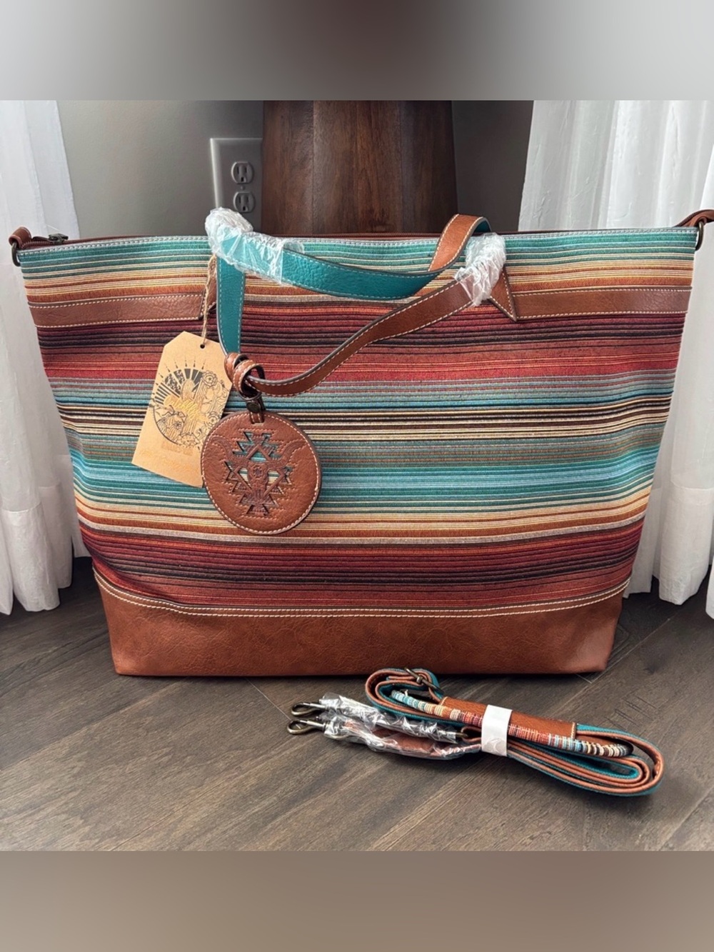 Catchfly Serape Stripe textile tote,removable shoulder strap,zip & slash pockets